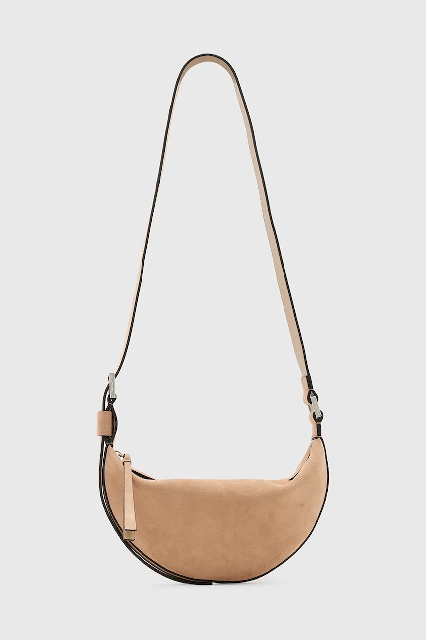 AllSaints geanta de mana din piele intoarsa HALFMOON culoarea bej, W099XC AllSaints geanta de mana din piele intoarsa HALFMOON culoarea bej, W099XC