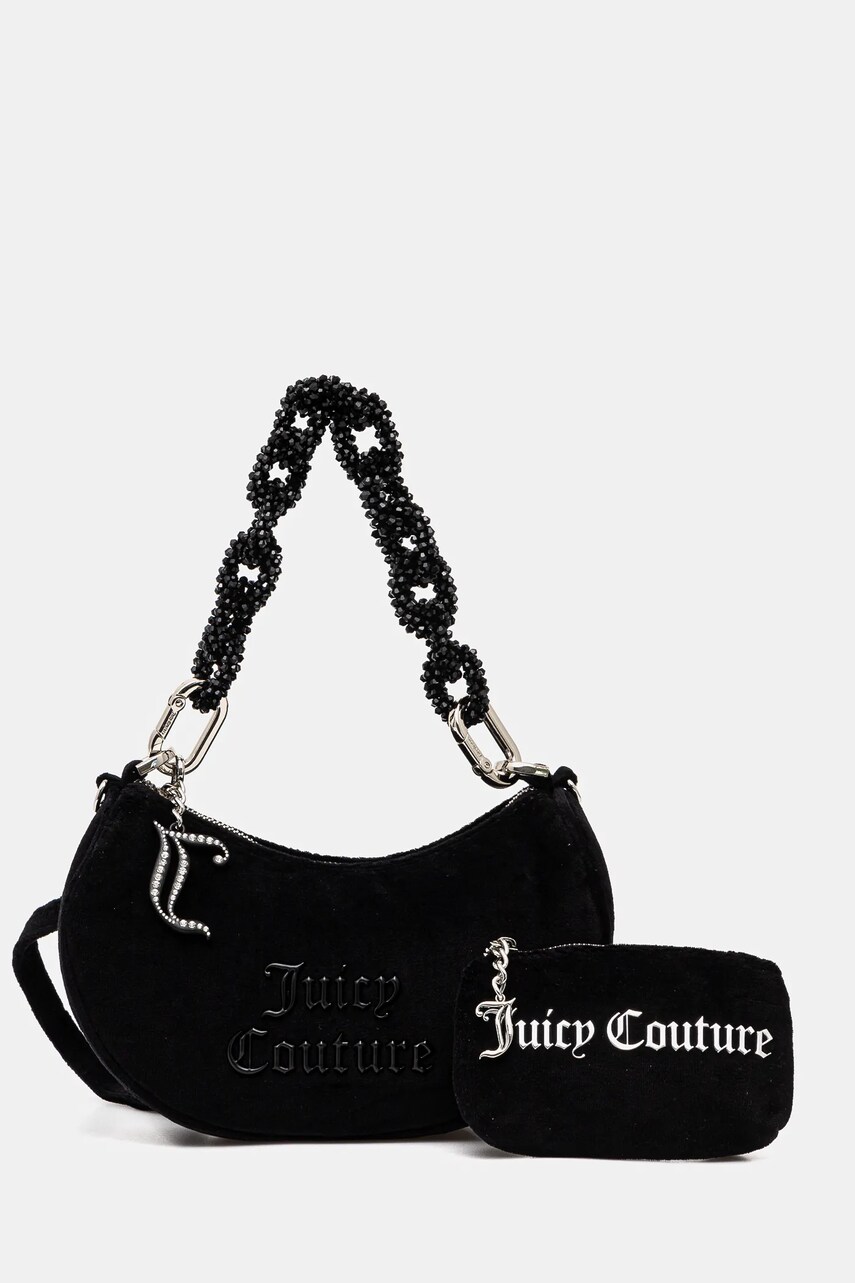 Juicy Couture geantă de mână din catifea BLOSSOM RHINESTONE CHAIN culoarea negru, BEJL58834WCO