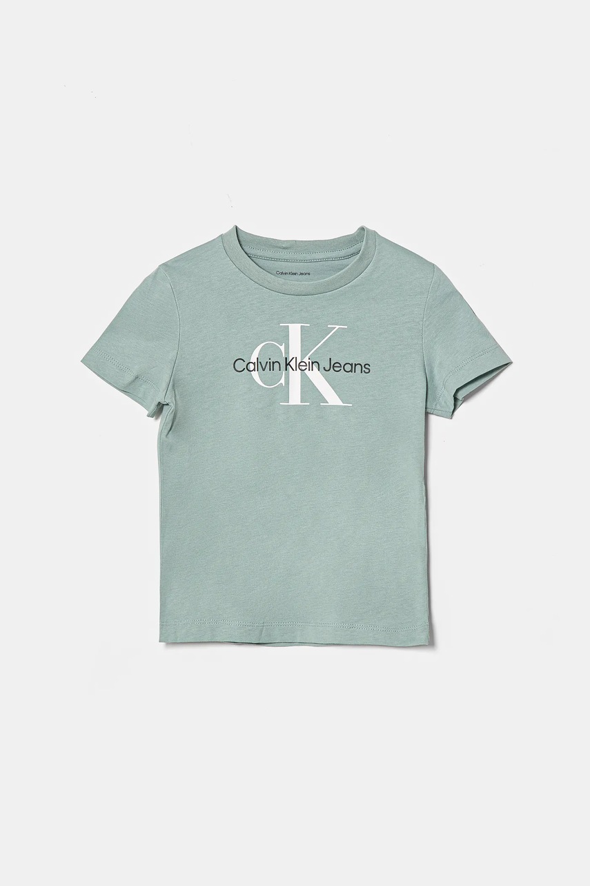 

Детска памучна тениска Calvin Klein Jeans 0 в тюркоазено с принт IU0IU00676, Тюркоазен