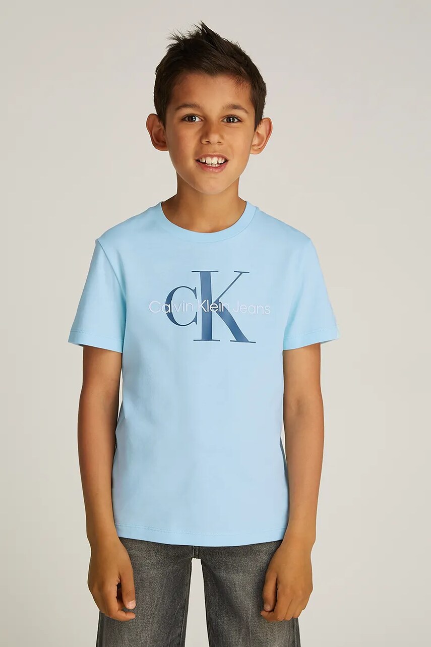 Levně Dětské bavlněné tričko Calvin Klein Jeans 0 modrá barva, s potiskem, IU0IU00676