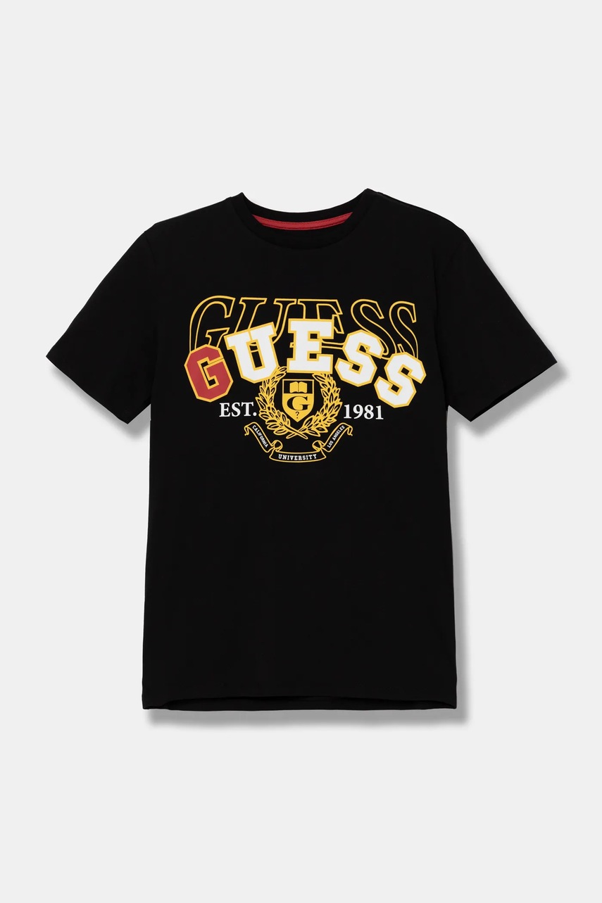

Детска памучна тениска Guess в черно с принт L5RI02 K8HM4, Черен