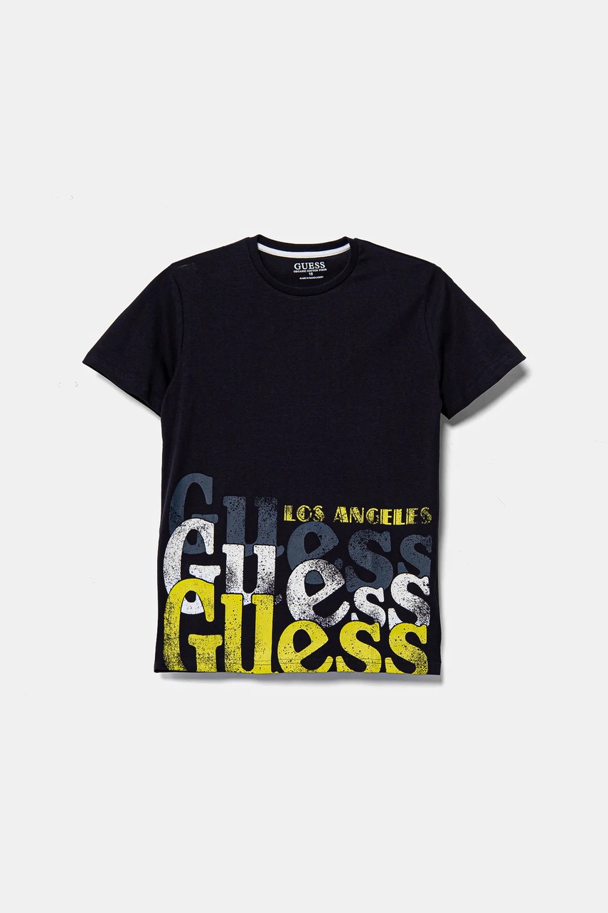 

Детска памучна тениска Guess в тъмносиньо с десен L5RI12 K8HM4, Тъмносин