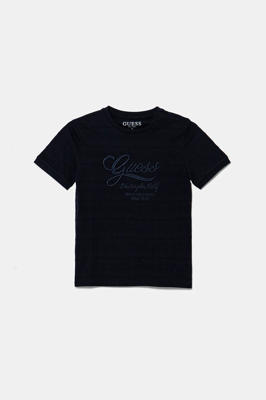 Детская хлопковая футболка Guess цвет синий с аппликацией L5RI19 KCM20 Детская хлопковая футболка Guess цвет синий с аппликацией L5RI19 KCM20