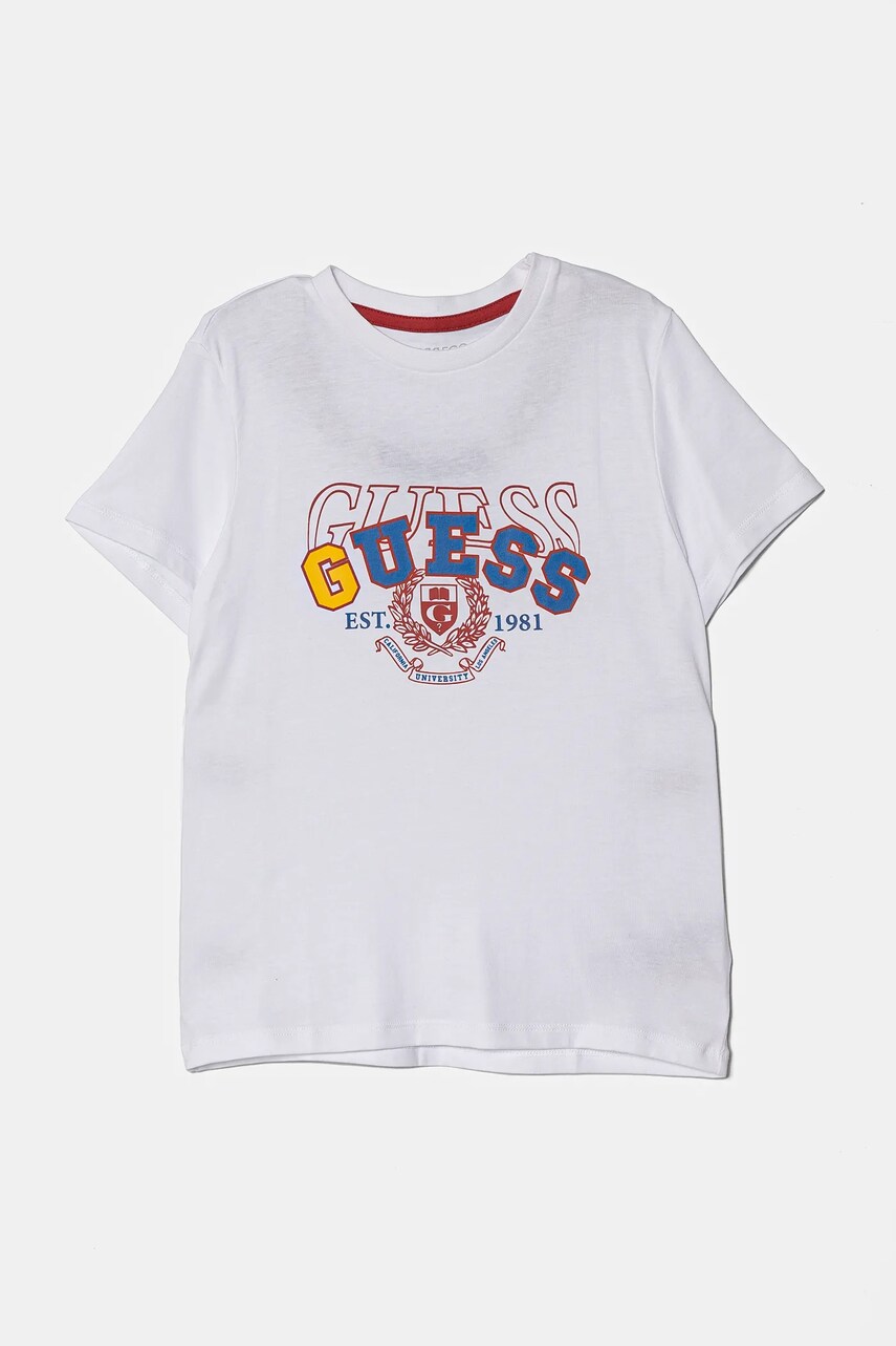 Levně Dětské bavlněné tričko Guess bílá barva, s potiskem, N5RI00 K8HM4