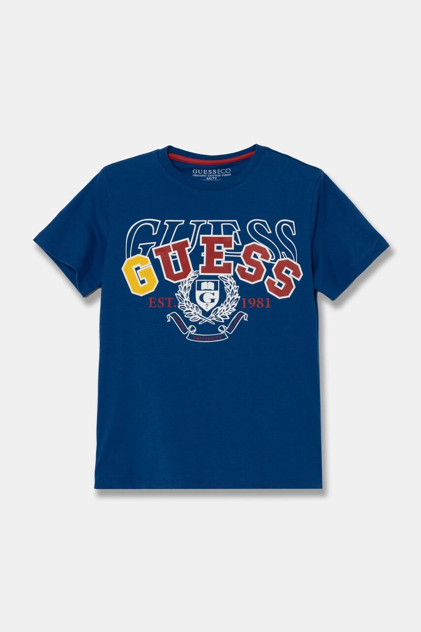 Levně Dětské bavlněné tričko Guess modrá barva, s potiskem, N5RI00 K8HM4