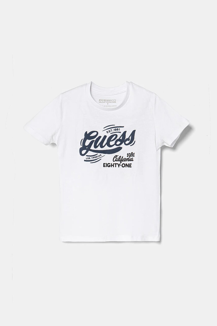 Levně Dětské bavlněné tričko Guess bílá barva, s potiskem, N5RI16 K8HM4