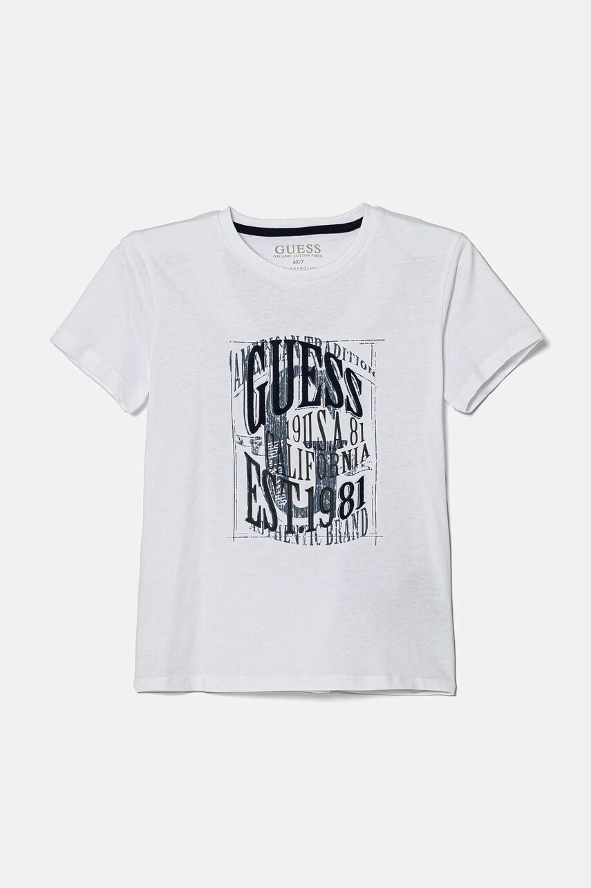 Levně Dětské bavlněné tričko Guess bílá barva, s potiskem, N5RI19 K8HM4