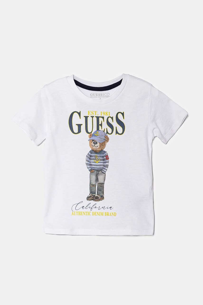 Levně Dětské bavlněné tričko Guess bílá barva, s potiskem, N5RI20 K8HM4