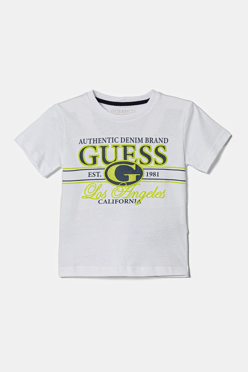 Levně Dětské bavlněné tričko Guess bílá barva, s potiskem, N5RI23 K8HM4
