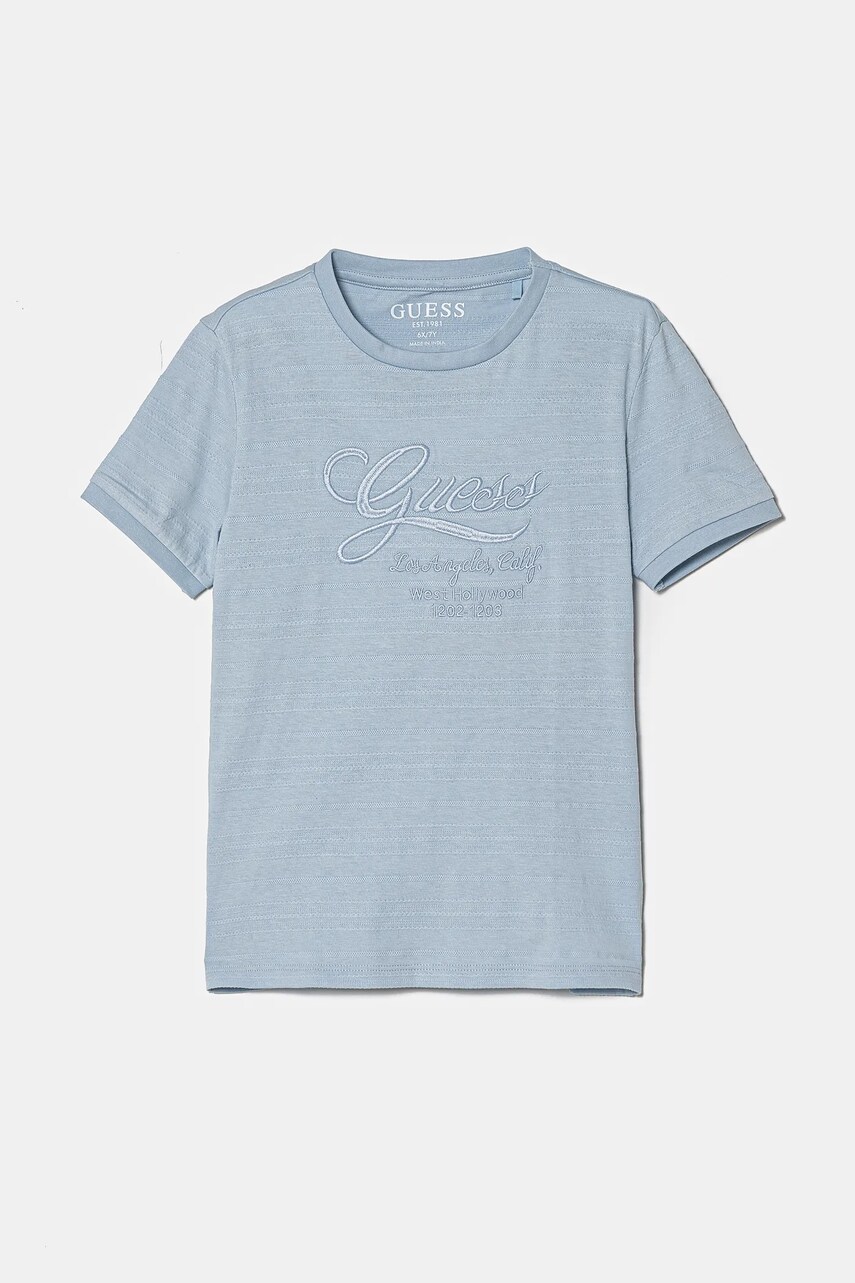 Levně Dětské bavlněné tričko Guess modrá barva, s aplikací, N5RI24 KCM20
