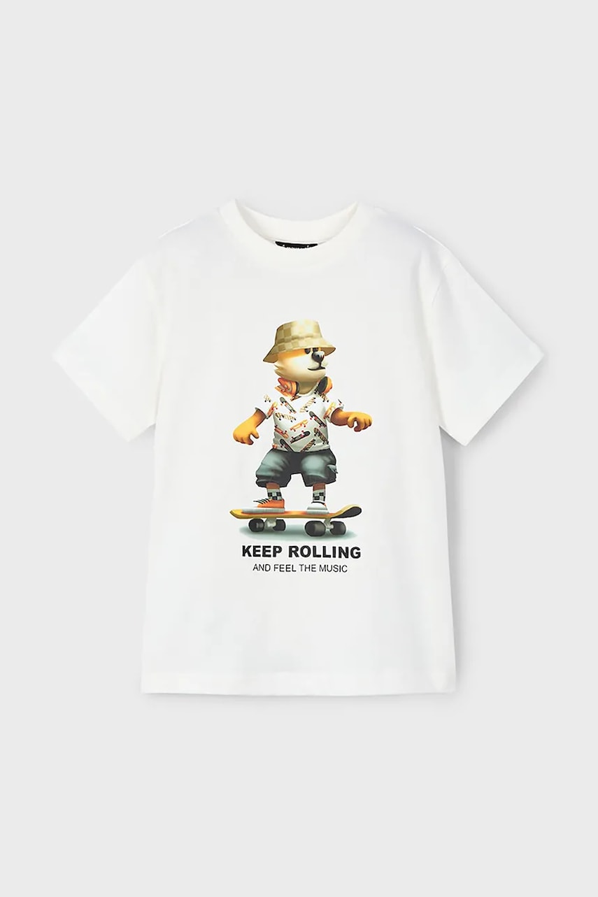 Mayoral tricou de bumbac pentru copii culoarea bej, cu imprimeu, 3041 Mayoral tricou de bumbac pentru copii culoarea bej, cu imprimeu, 3041