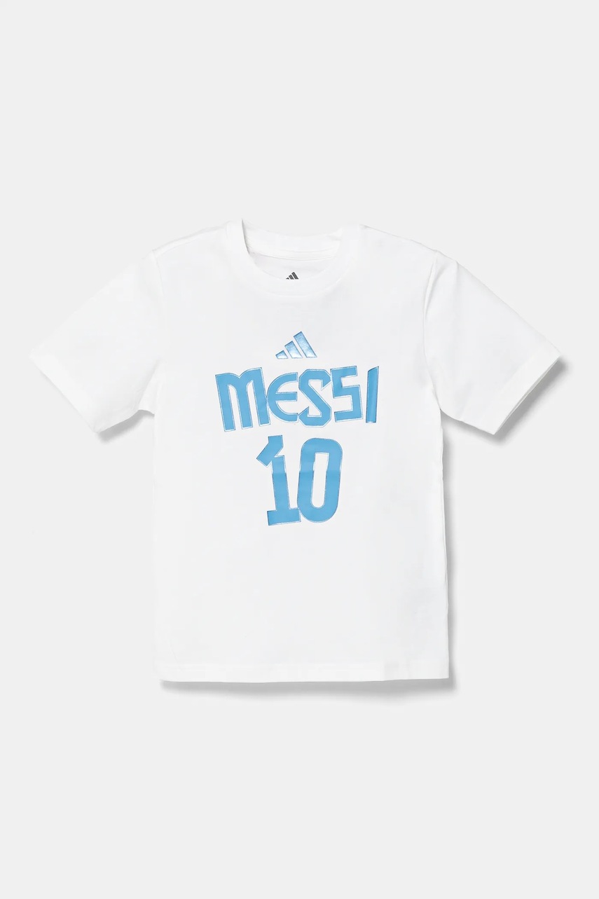 Детская хлопковая футболка adidas Performance MESSI цвет белый с принтом JJ1416 Детская хлопковая футболка adidas Performance MESSI цвет белый с принтом JJ1416