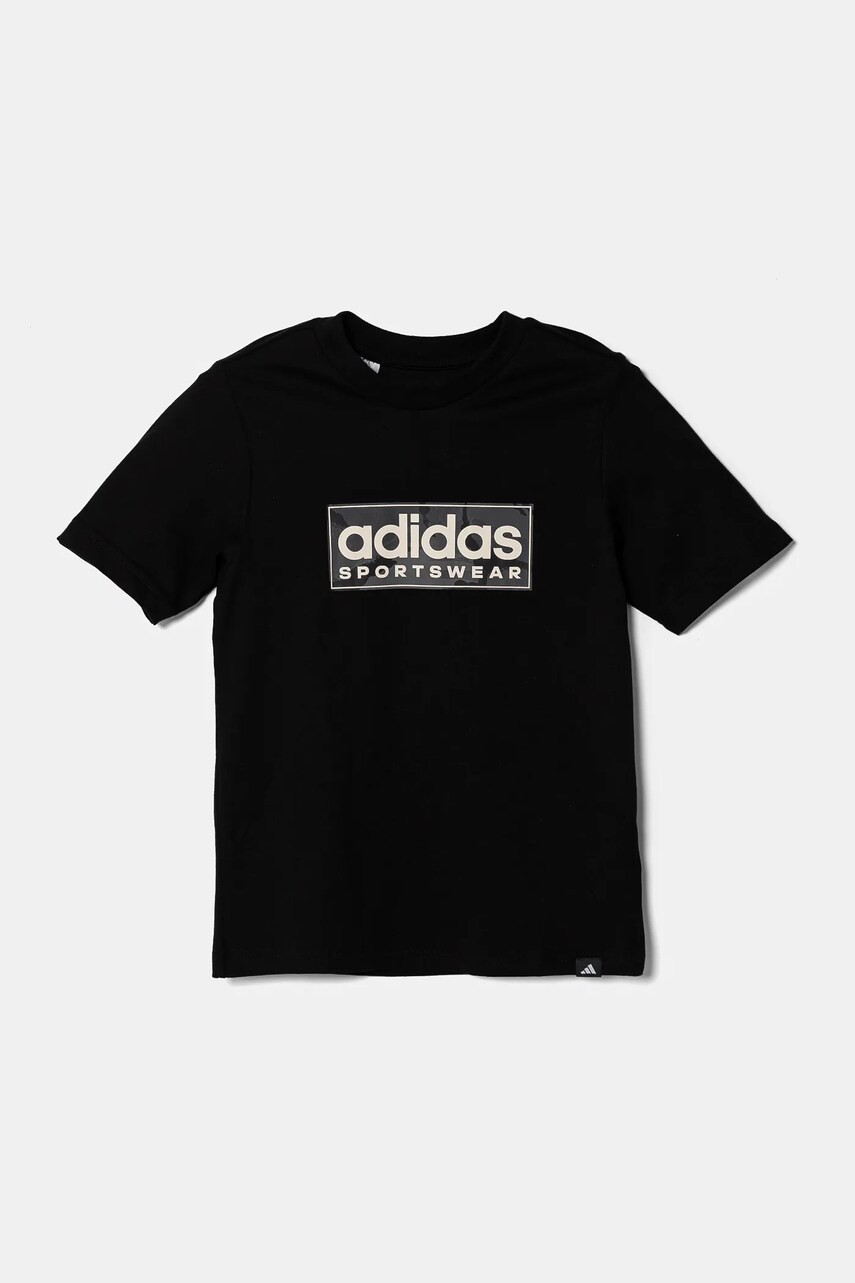 Levně Dětské bavlněné tričko adidas černá barva, s potiskem, JX6870
