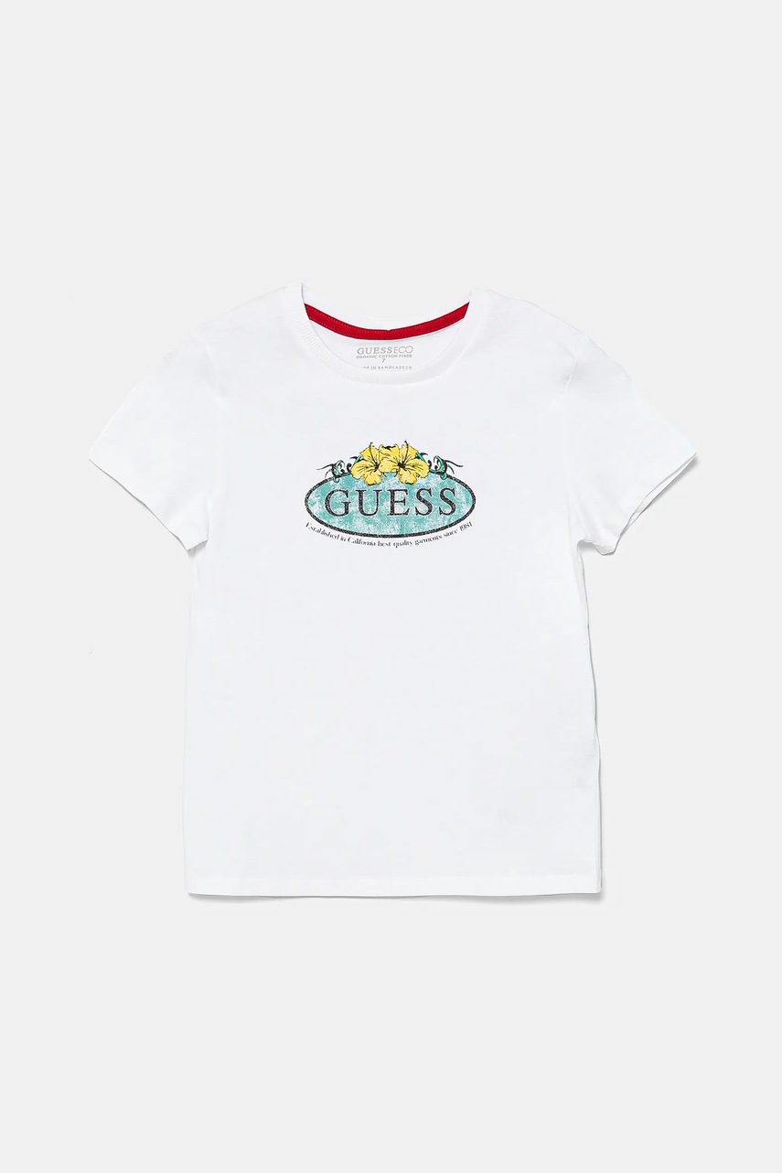 Levně Dětské bavlněné tričko Guess bílá barva, s potiskem, L5GI19 K8HM4
