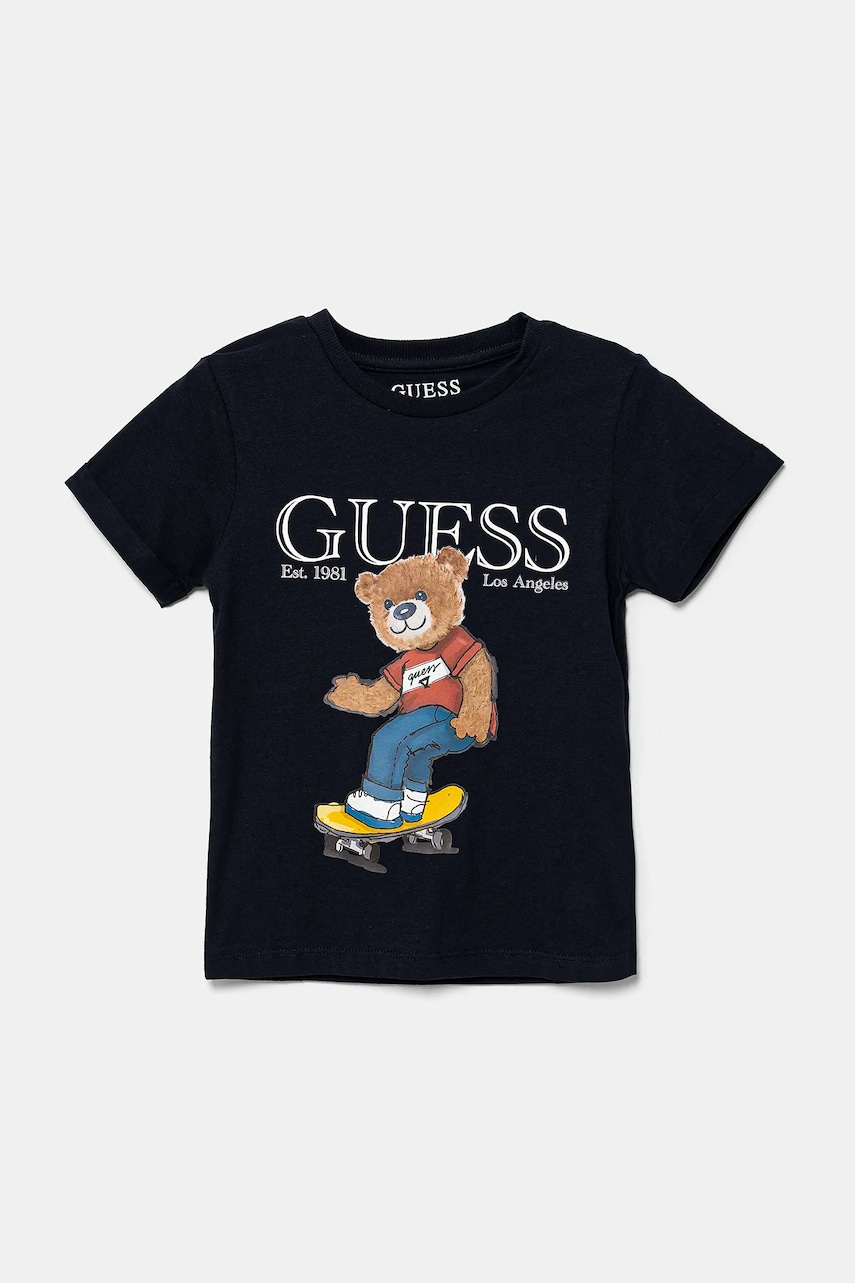 Levně Dětské bavlněné tričko Guess tmavomodrá barva, s potiskem, N5GI04 K8HM4