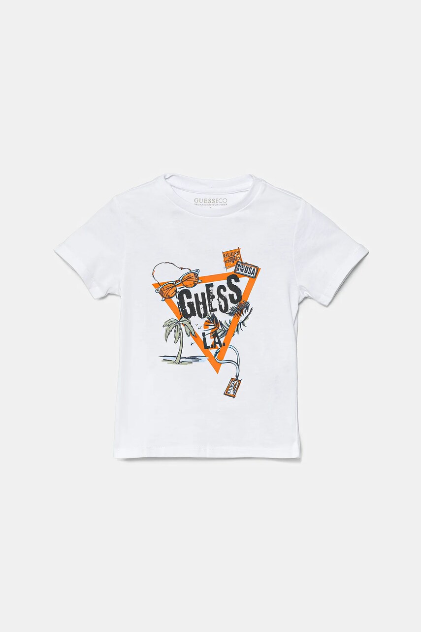 Levně Dětské bavlněné tričko Guess bílá barva, s potiskem, N5GI05 K8HM4