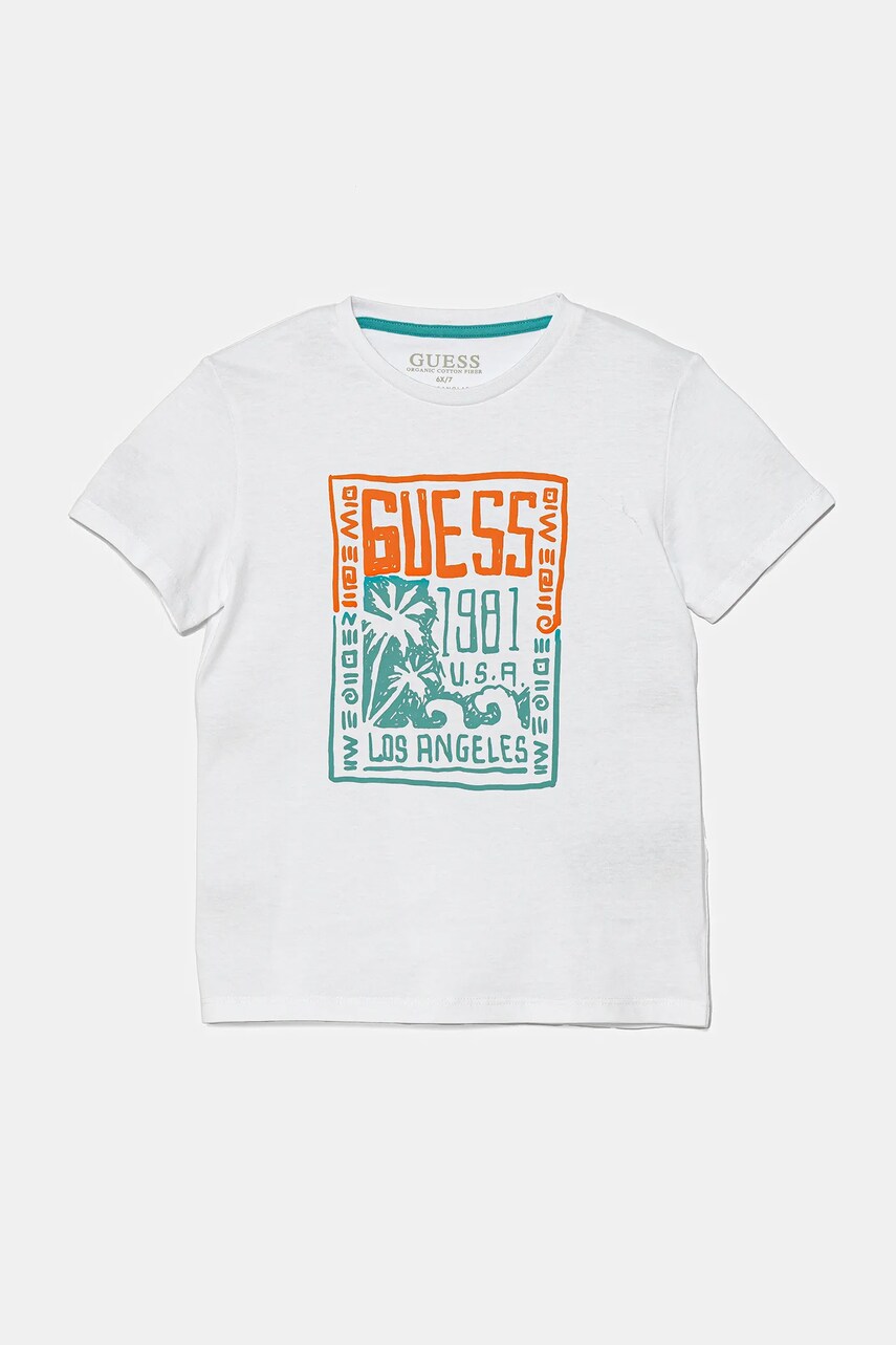 Levně Dětské bavlněné tričko Guess bílá barva, s potiskem, N5GI16 K8HM4