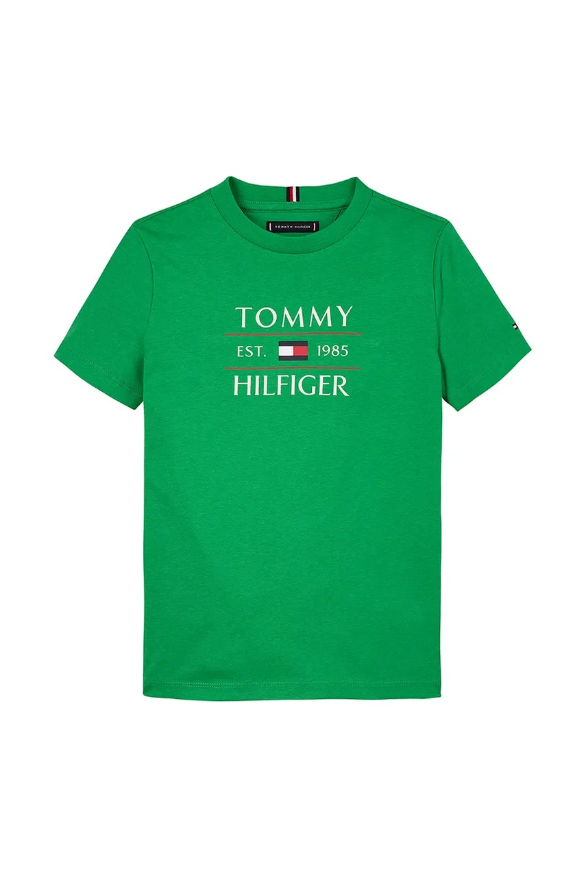 Детская хлопковая футболка Tommy Hilfiger цвет зелёный с принтом KB0KB09538 Детская хлопковая футболка Tommy Hilfiger цвет зелёный с принтом KB0KB09538