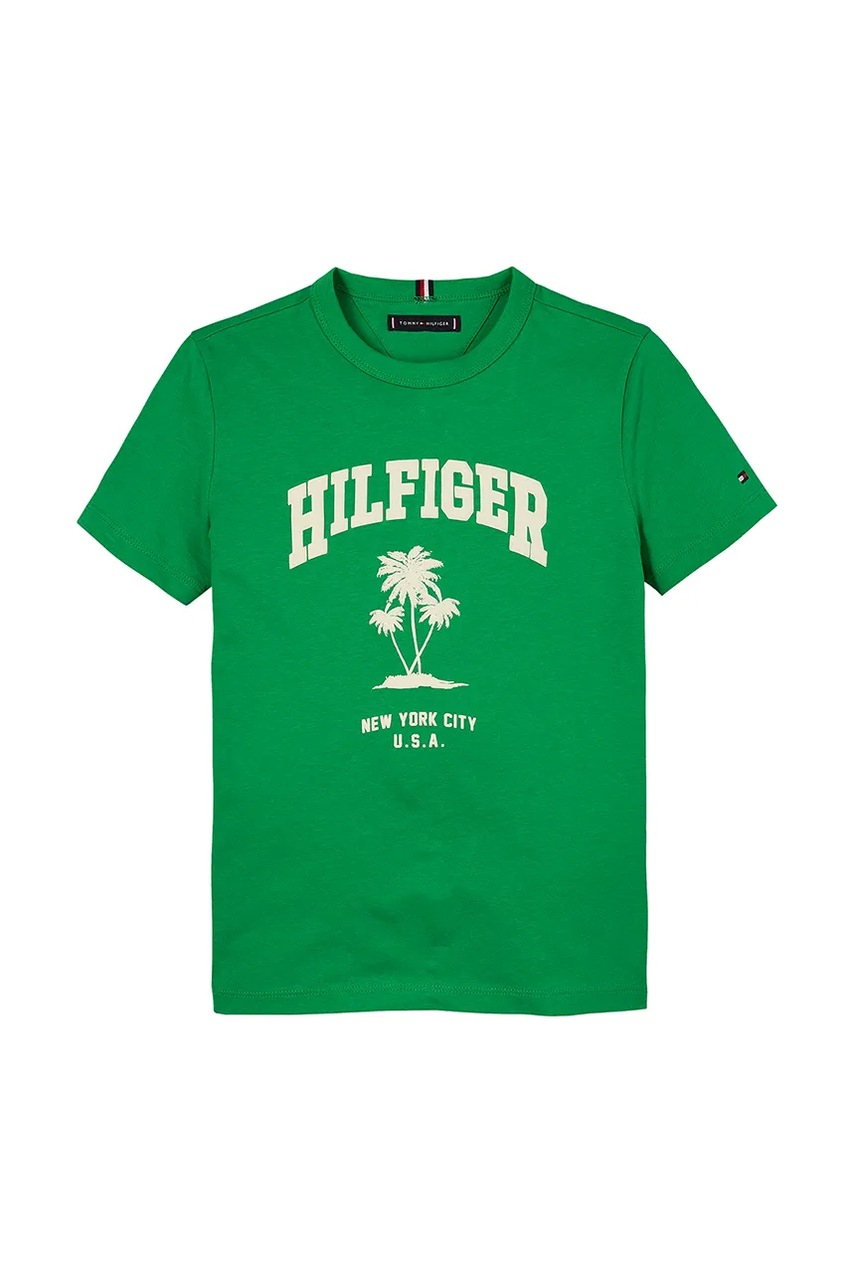 Детская хлопковая футболка Tommy Hilfiger цвет зелёный с принтом KB0KB09649 Детская хлопковая футболка Tommy Hilfiger цвет зелёный с принтом KB0KB09649