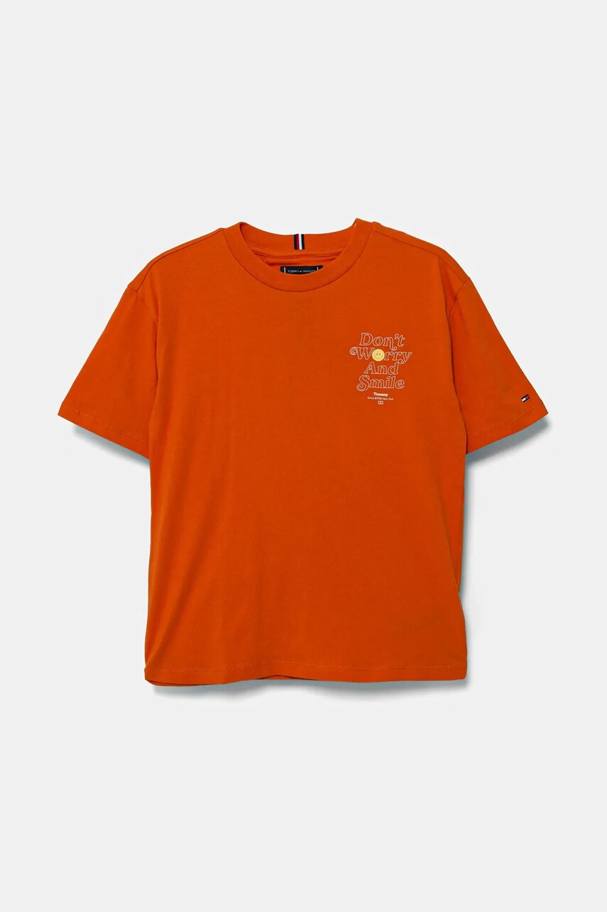 Levně Dětské bavlněné tričko Tommy Hilfiger oranžová barva, s potiskem, KB0KB09650