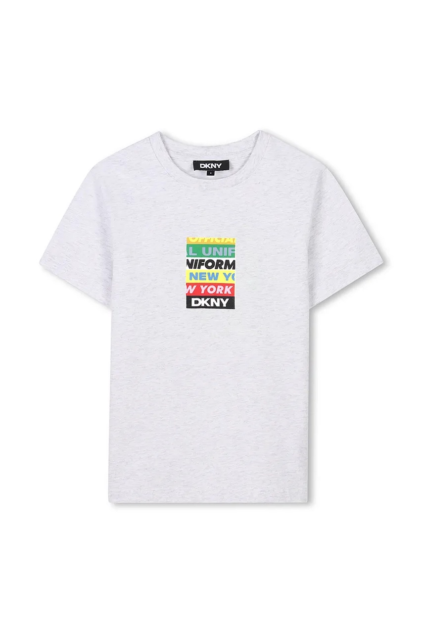 Дитяча бавовняна футболка Dkny колір сірий з принтом D62302