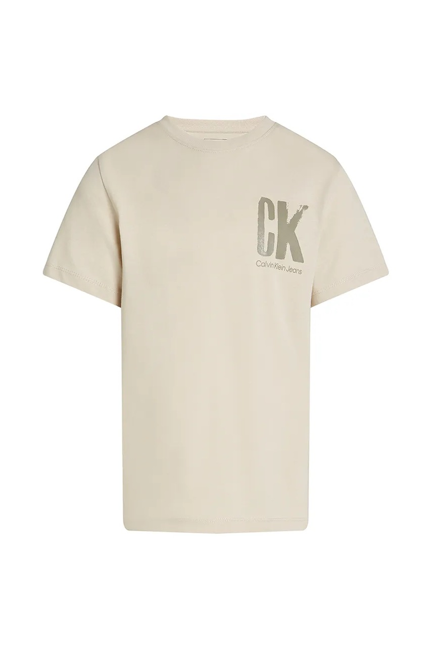 Дитяча бавовняна футболка Calvin Klein Jeans колір бежевий з принтом IB0IB02447