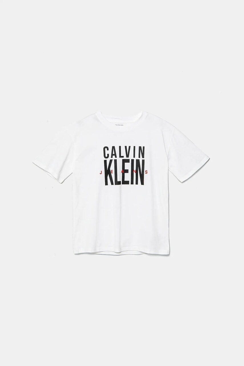 Levně Dětské bavlněné tričko Calvin Klein Jeans bílá barva, s potiskem, IB0IB02448