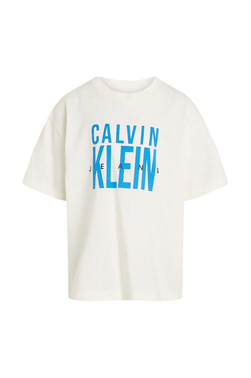 Дитяча бавовняна футболка Calvin Klein Jeans колір бежевий з принтом IB0IB02448