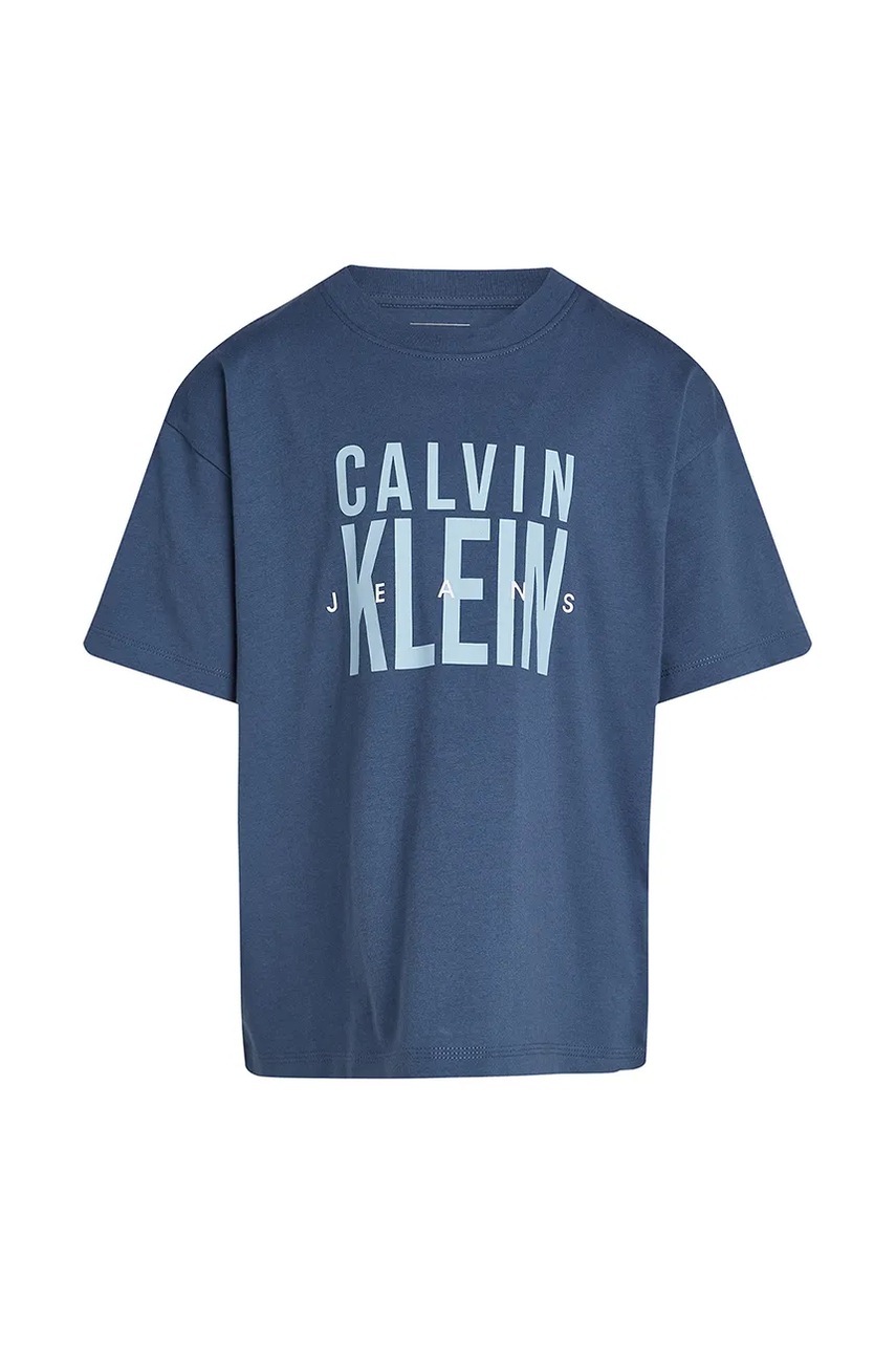 Детская хлопковая футболка Calvin Klein Jeans цвет синий с принтом IB0IB02448