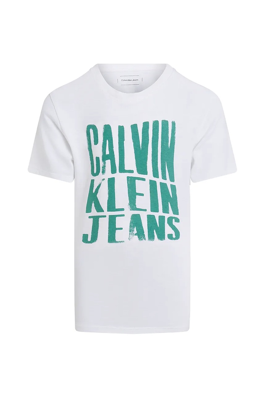 Детская хлопковая футболка Calvin Klein Jeans цвет белый с принтом IB0IB02459