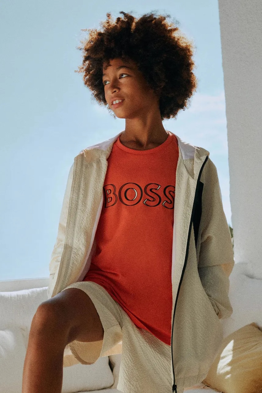 BOSS tricou de bumbac pentru copii culoarea portocaliu, cu imprimeu, J52034