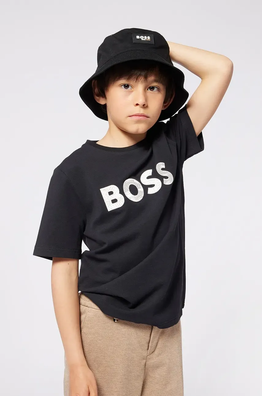 BOSS tricou de bumbac pentru copii culoarea negru, cu imprimeu, J52049