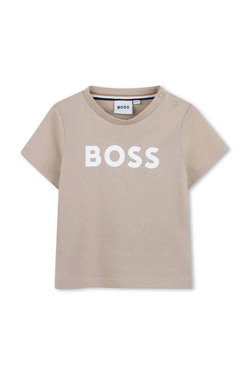 BOSS tricou din bumbac pentru bebelusi culoarea bej, cu imprimeu, J52105