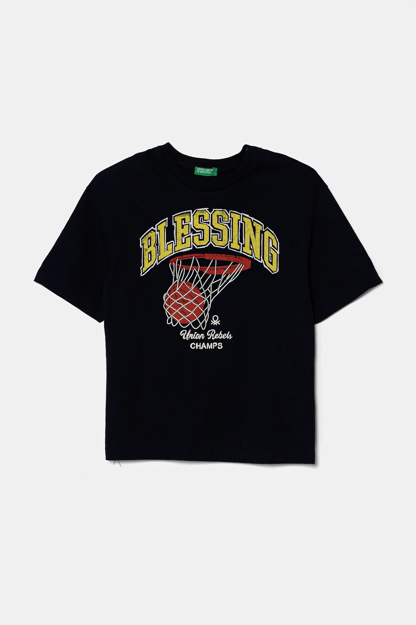 United Colors of Benetton tricou de bumbac pentru copii culoarea bleumarin, cu imprimeu, 3I1XC10O4