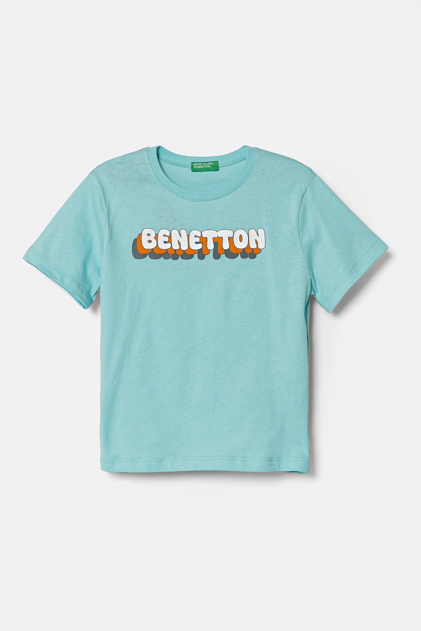 United Colors of Benetton tricou de bumbac pentru copii culoarea turcoaz, cu imprimeu, 3I1XG10HT