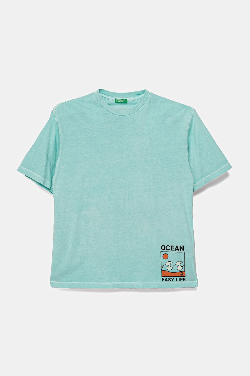 United Colors of Benetton tricou de bumbac pentru copii culoarea turcoaz, cu imprimeu, 3PCMC10N7