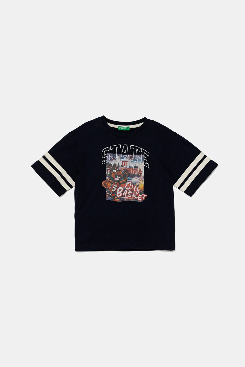 United Colors of Benetton tricou de bumbac pentru copii culoarea bleumarin, cu imprimeu, 3I1XG10IM