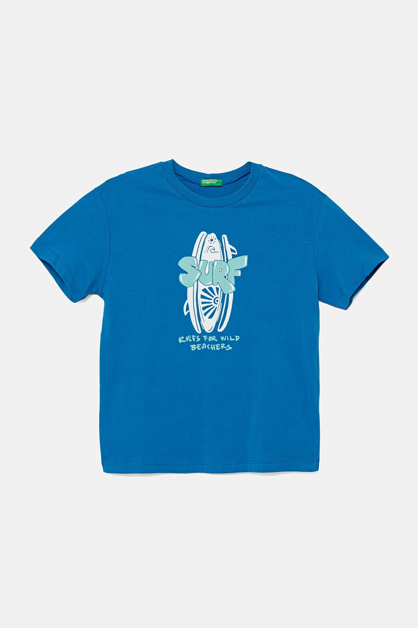 Levně Dětské bavlněné tričko United Colors of Benetton modrá barva, s potiskem, 3JERC10PE