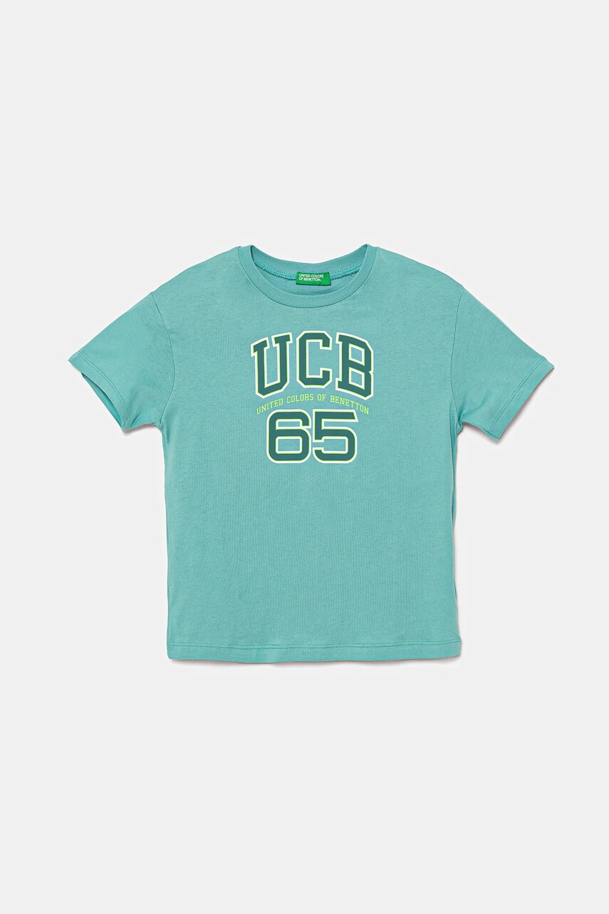 Levně Dětské bavlněné tričko United Colors of Benetton tyrkysová barva, s potiskem, 3I1XC10OO