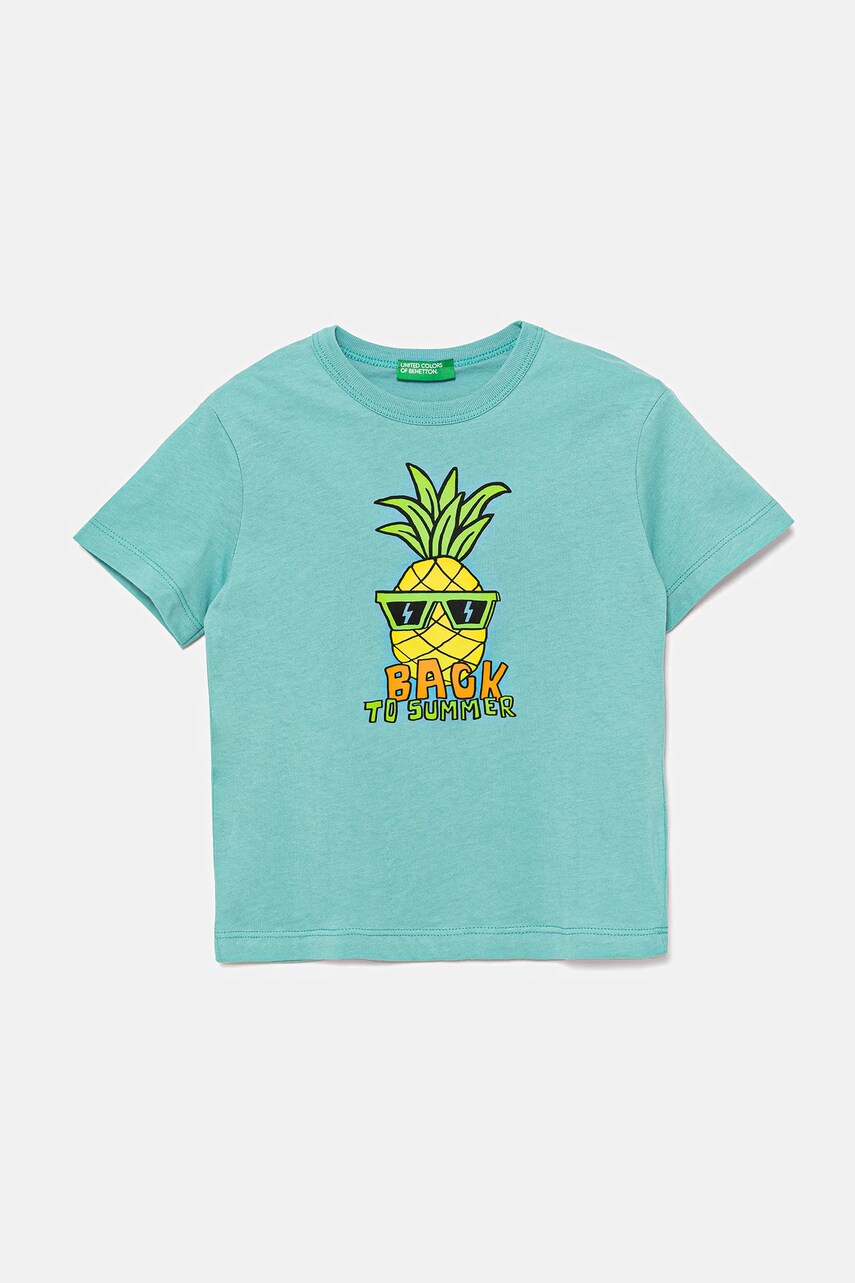 United Colors of Benetton tricou de bumbac pentru copii culoarea turcoaz, cu imprimeu, 3I1XG10JM