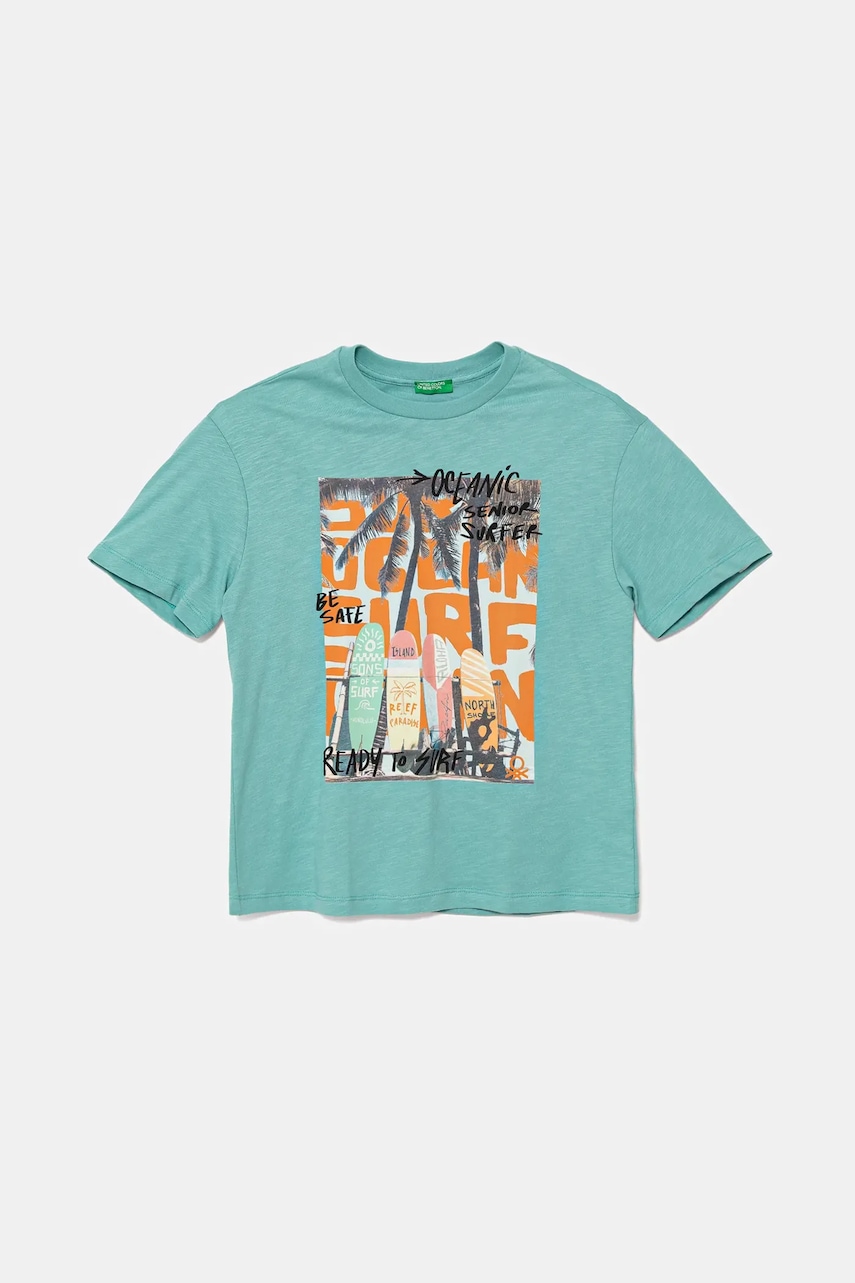 United Colors of Benetton tricou de bumbac pentru copii culoarea turcoaz, cu imprimeu, 3SLUC10P8