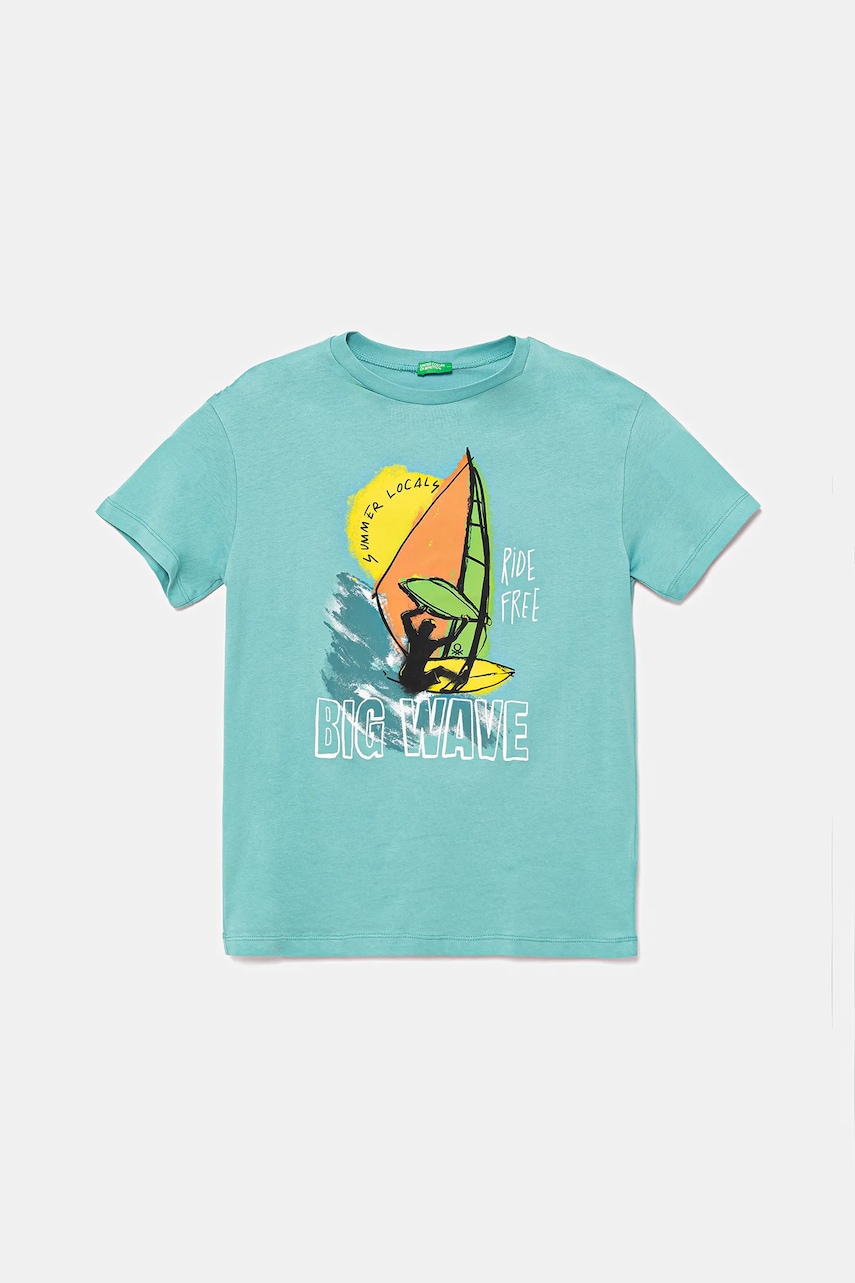 United Colors of Benetton tricou de bumbac pentru copii culoarea turcoaz, cu imprimeu, 3I1XC10P7