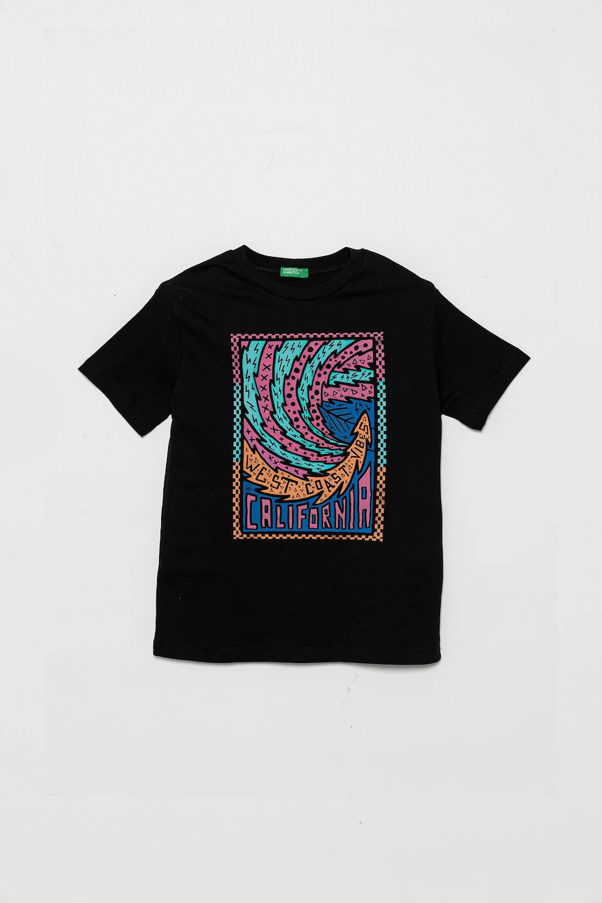 Levně Dětské bavlněné tričko United Colors of Benetton černá barva, s potiskem, 3I1XC10P7