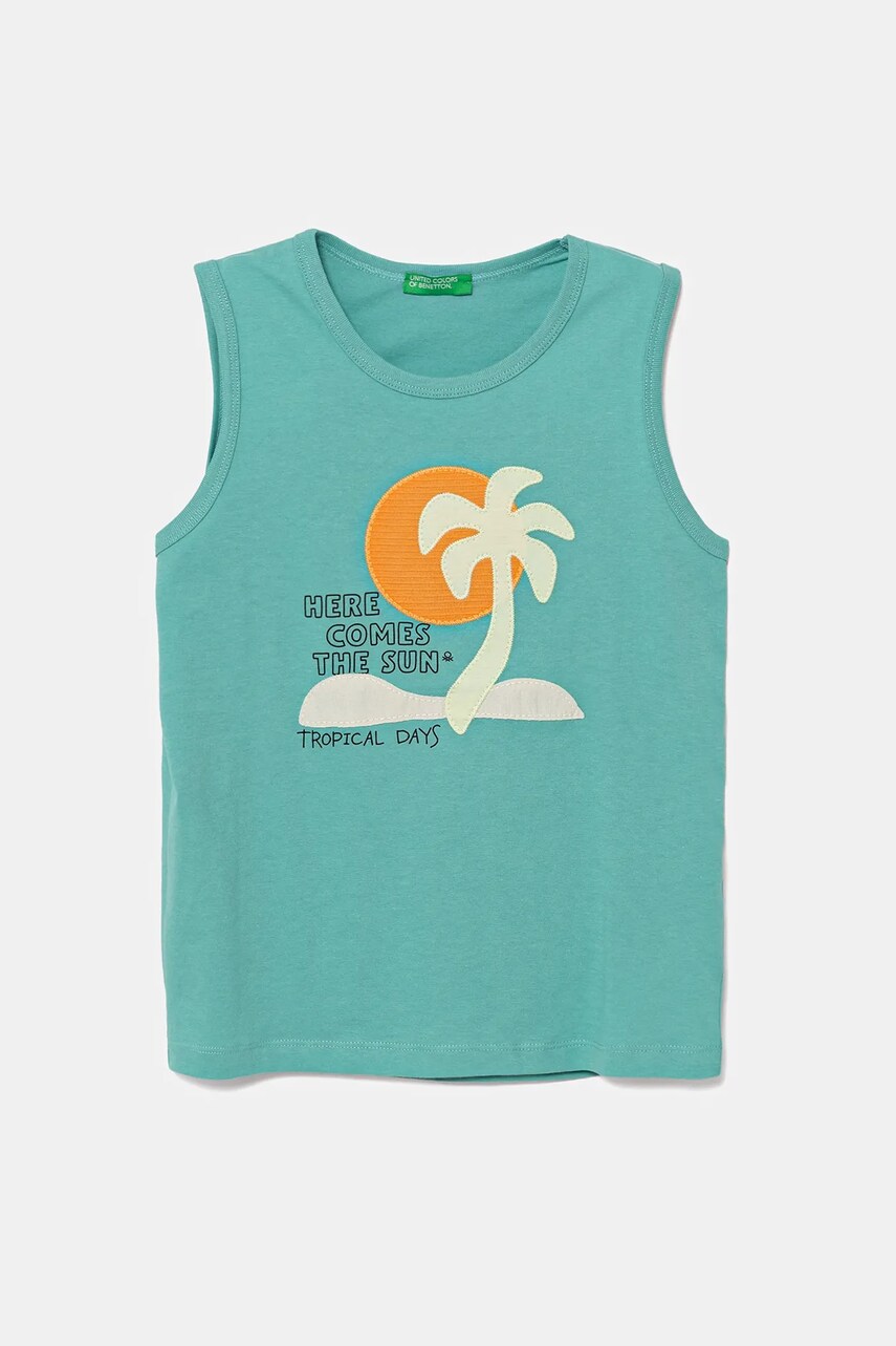 United Colors of Benetton top din bumbac pentru copii culoarea turcoaz, cu imprimeu, 3I1XGH014