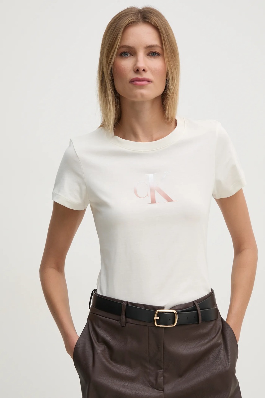 

Памучна тениска Calvin Klein Jeans в бежово J20J224982, Бежов
