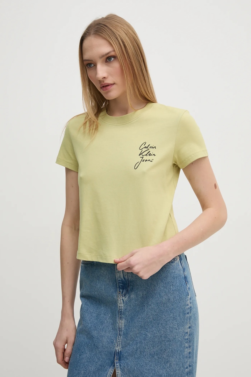 Levně Bavlněné tričko Calvin Klein Jeans zelená barva, J20J224984
