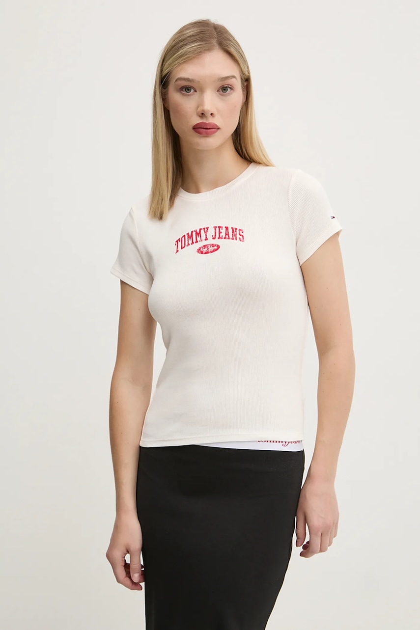 Tommy Jeans tricou din bumbac femei, culoarea bej, DW0DW19435 Tommy Jeans tricou din bumbac femei, culoarea bej, DW0DW19435