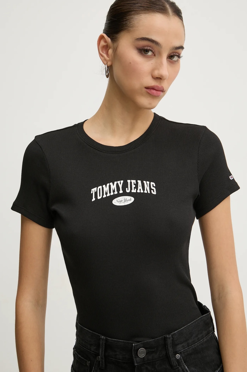 Tommy Jeans tricou din bumbac femei, culoarea negru, DW0DW19435 Tommy Jeans tricou din bumbac femei, culoarea negru, DW0DW19435