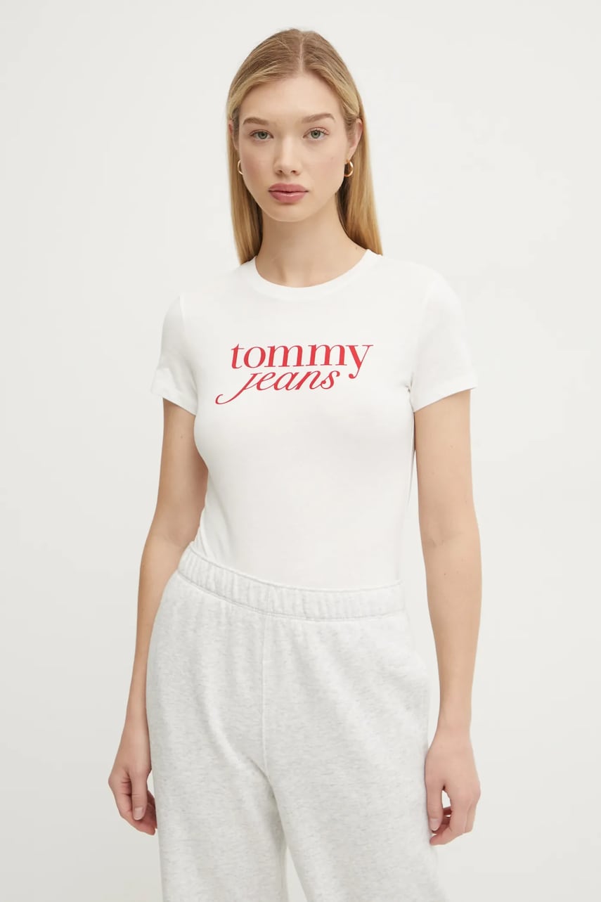 Tommy Jeans tricou din bumbac femei, culoarea alb, DW0DW19447 Tommy Jeans tricou din bumbac femei, culoarea alb, DW0DW19447