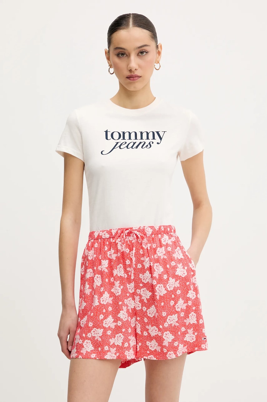 Tommy Jeans tricou din bumbac femei, culoarea bej, DW0DW19447 Tommy Jeans tricou din bumbac femei, culoarea bej, DW0DW19447